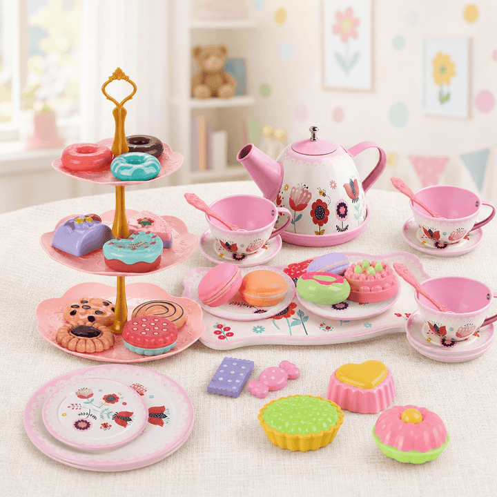 Children's pretend tea party set arranged on a table with toy treats and teapot