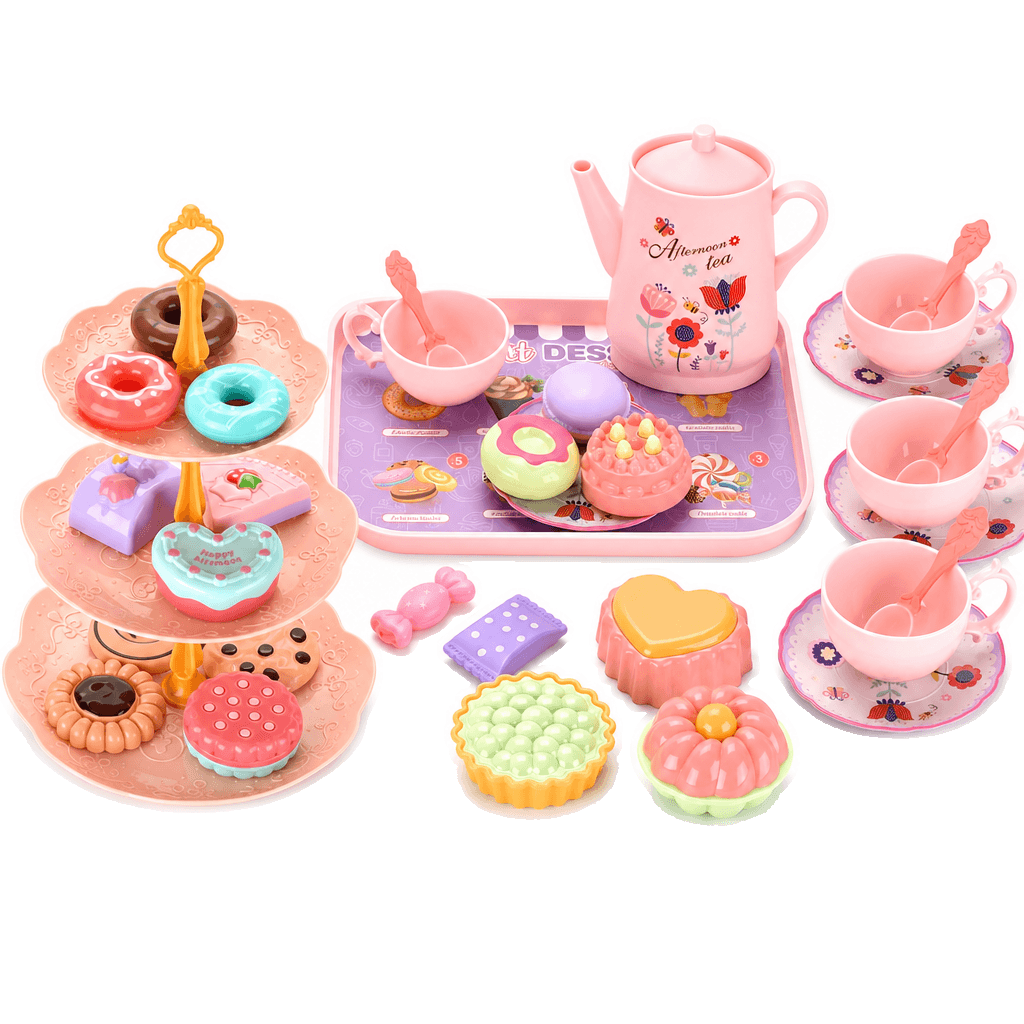 Wooden toy kitchen tea set accessories arranged for imaginative play