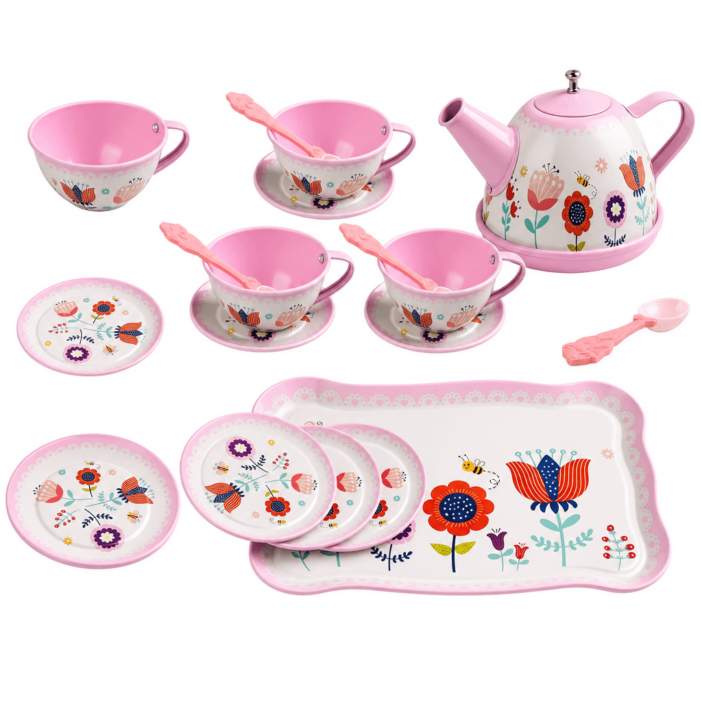 Complete children's pretend tea party set layout with cups, saucers, and tray