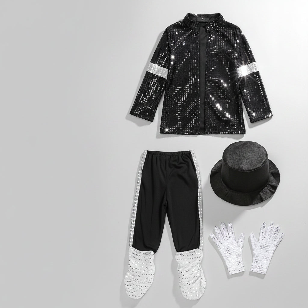 Kids black sequin dance jacket costume set with matching trousers, hat, and gloves displayed on a grey background
