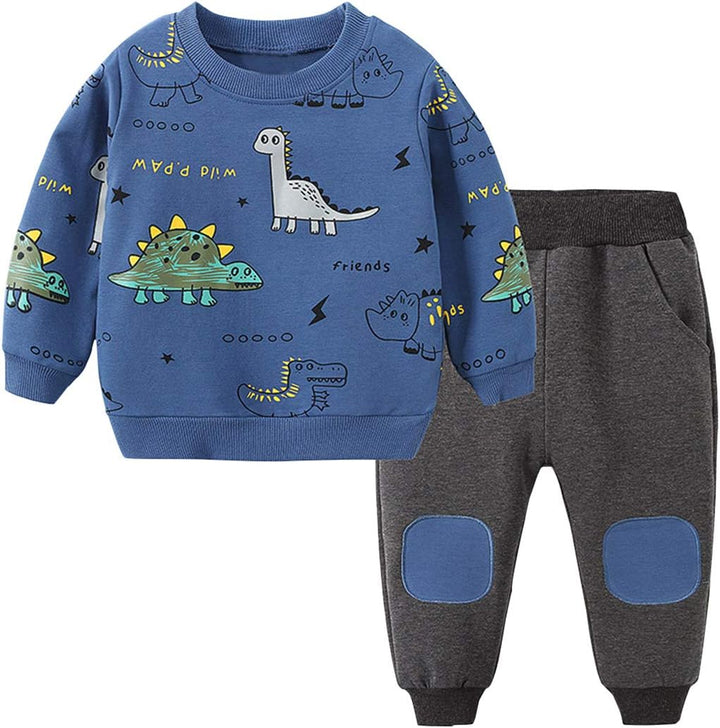 Blue boys dinosaur print sweatshirt and grey pants set