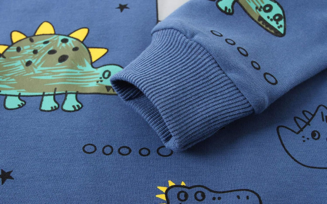 Boys dinosaur clothing set detail shot of fabric and print