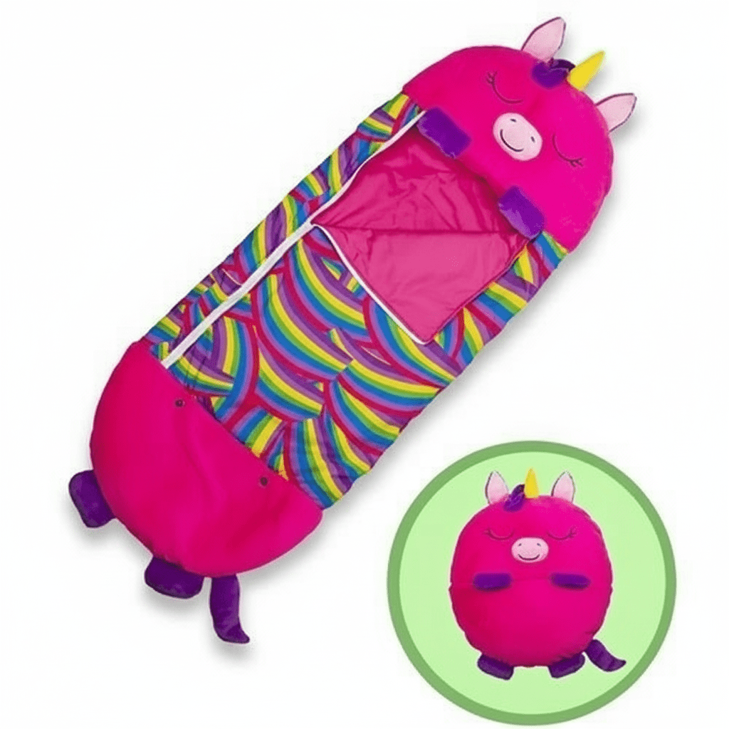Bright pink unicorn animal sleeping bag displayed flat with folded pillow view