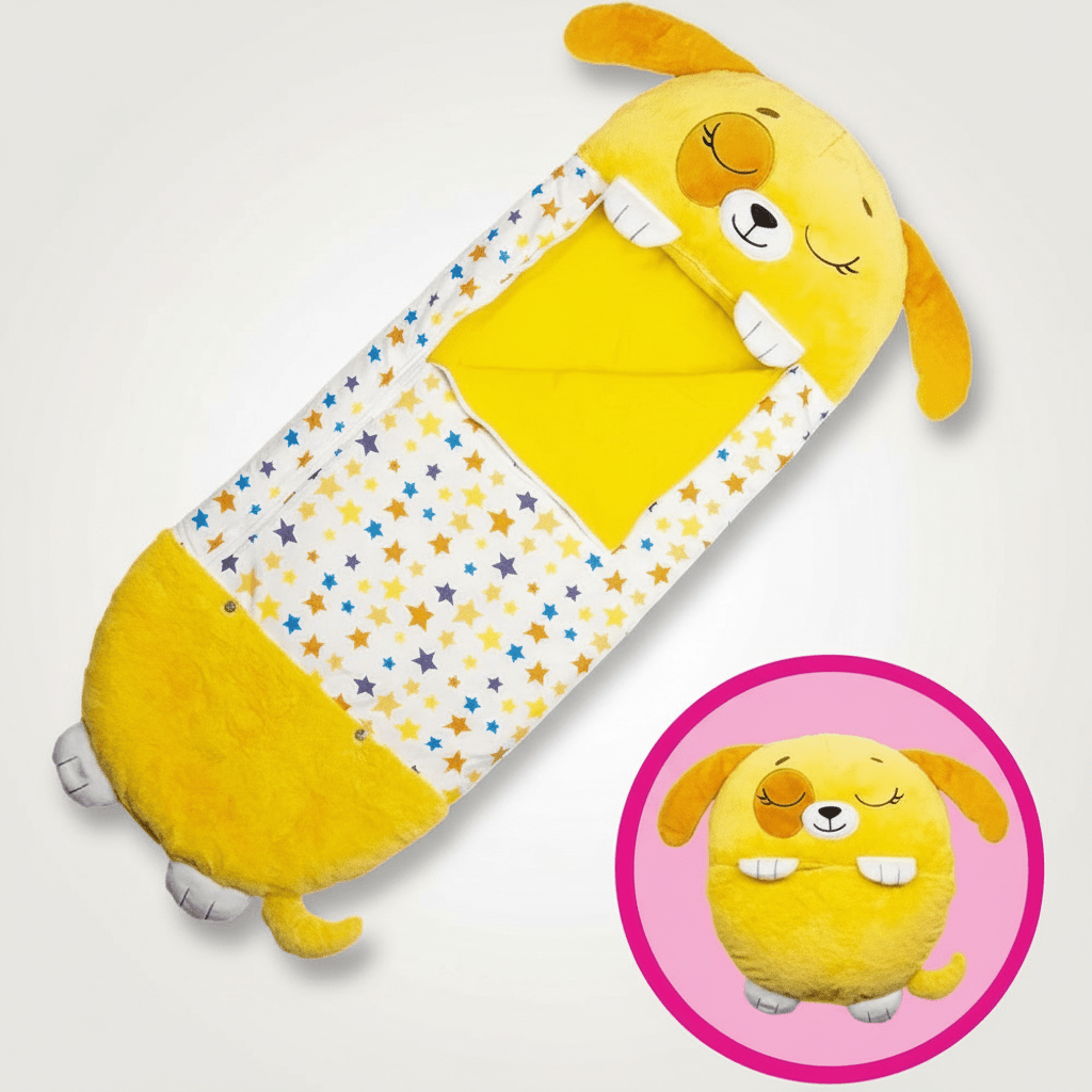 Detailed view of the plush fabric on this kids animal sleeping bag