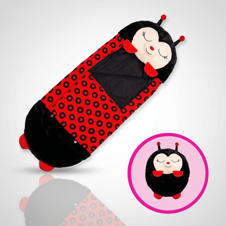 Foldable ladybug kids sleeping bag with plush animal head pillow design
