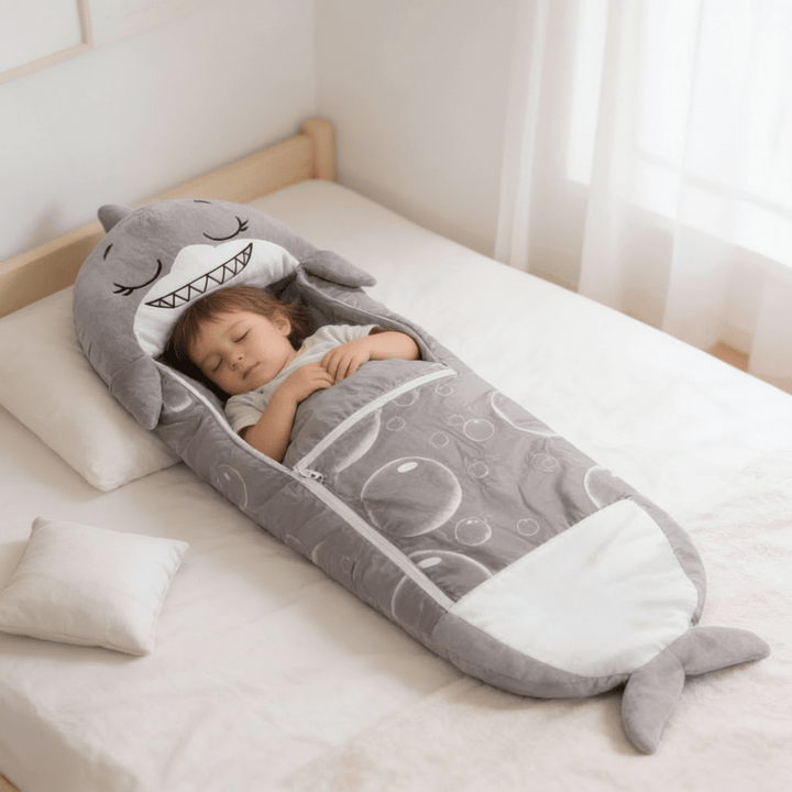 Cute kids pillow and travel sleeping bag rolled up for easy storage