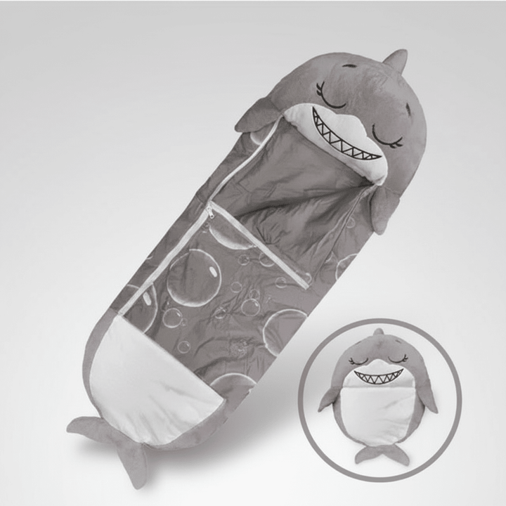 Fun kids room decor featuring a soft animal sleeping bag and pillow