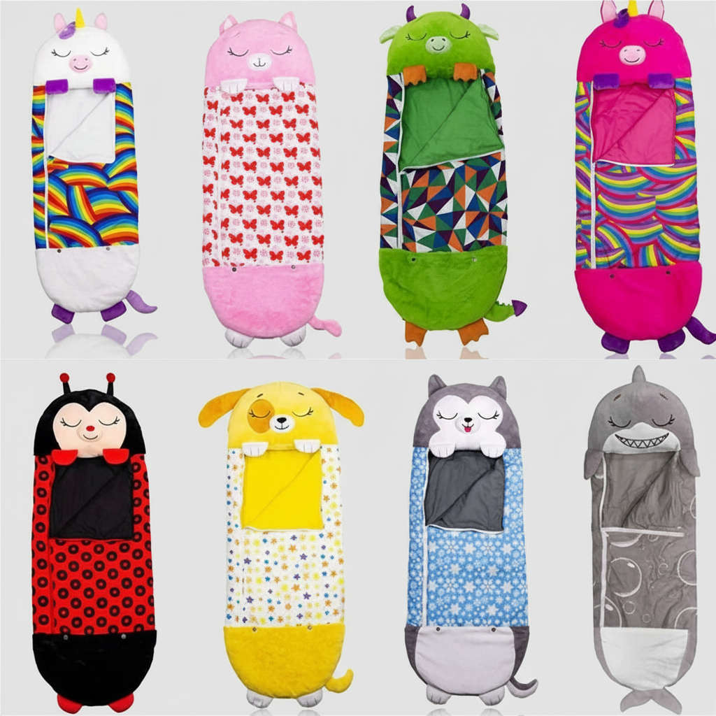 Foldable kids animal sleeping bag and pillow for sleepovers and travel