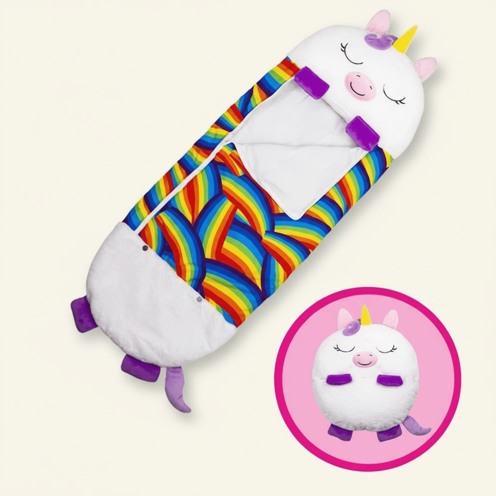 Cozy children bedding and animal sleeping bag open for naptime