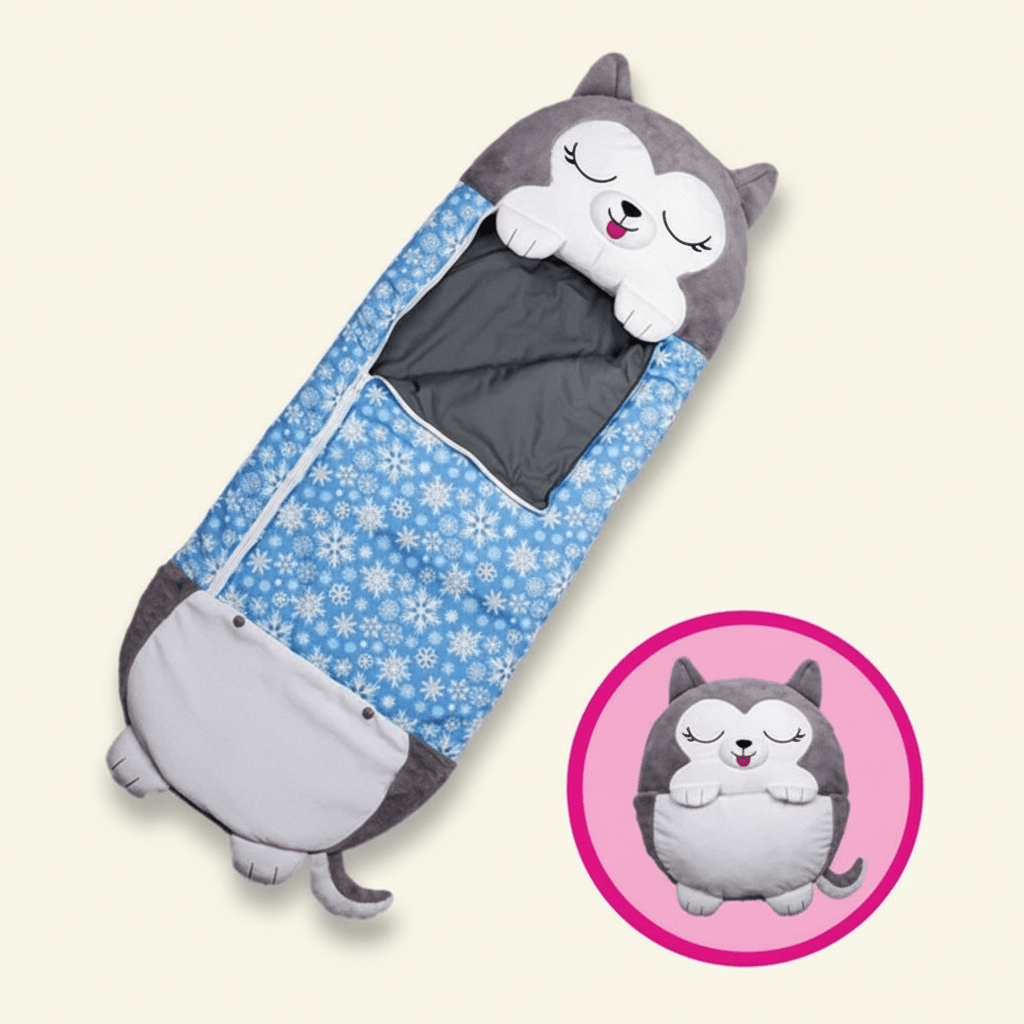 Plush animal sleeping bag designed as sleepover essential for kids