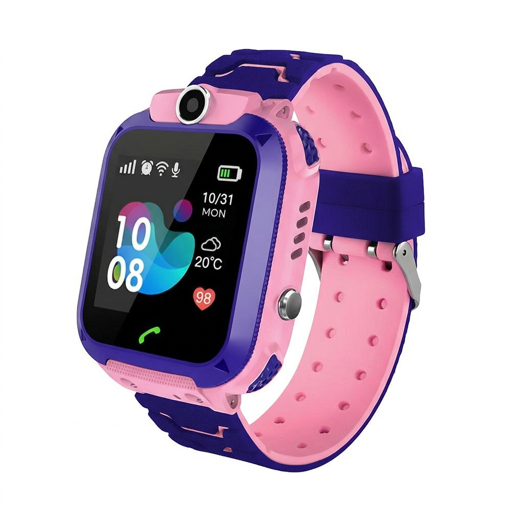Pink kids smartwatch with GPS tracking and camera display
