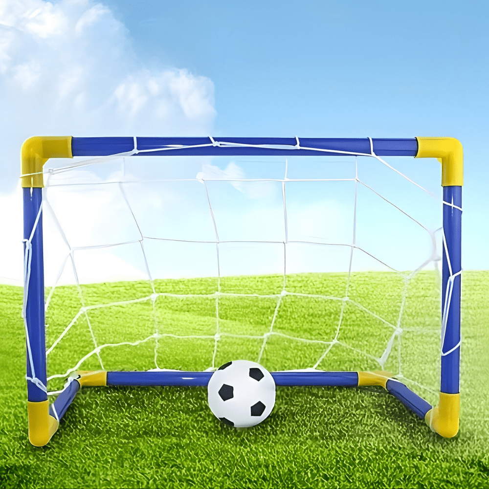 Front view of the youth soccer training goal net against a blue sky
