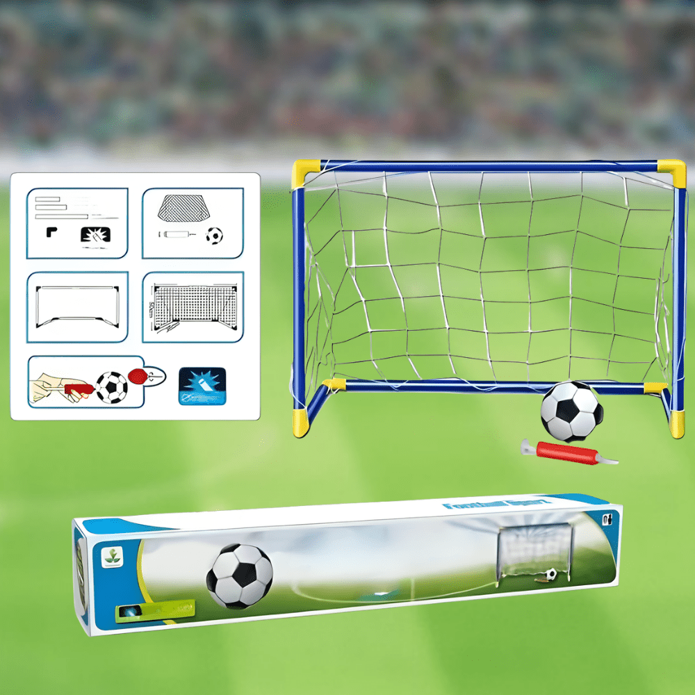 Complete kids soccer goal kit with packaging box and assembly instructions