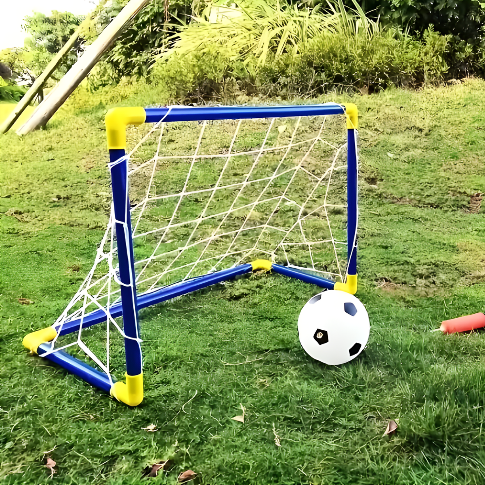 Kids portable soccer goal set assembled on grass with a soccer ball