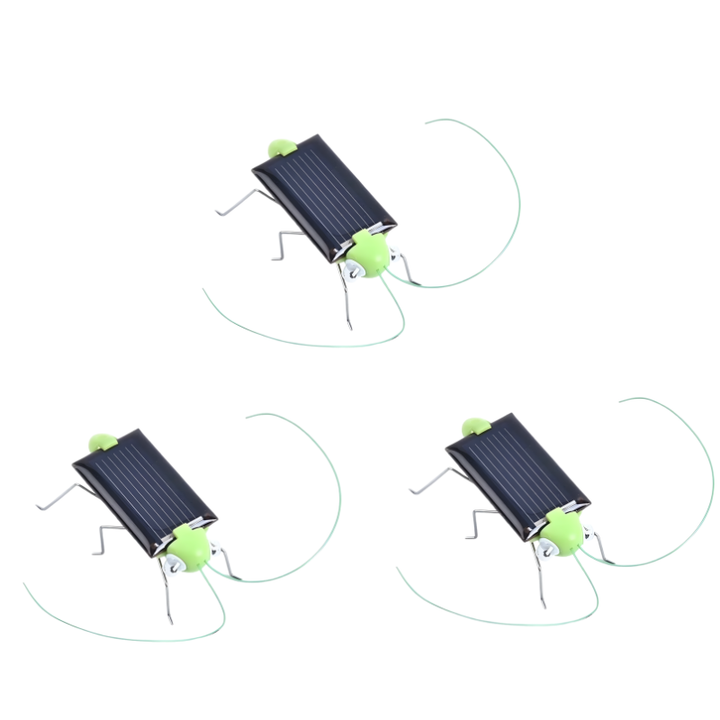 Three green solar powered grasshopper toys arranged in a triangular pattern on a white background