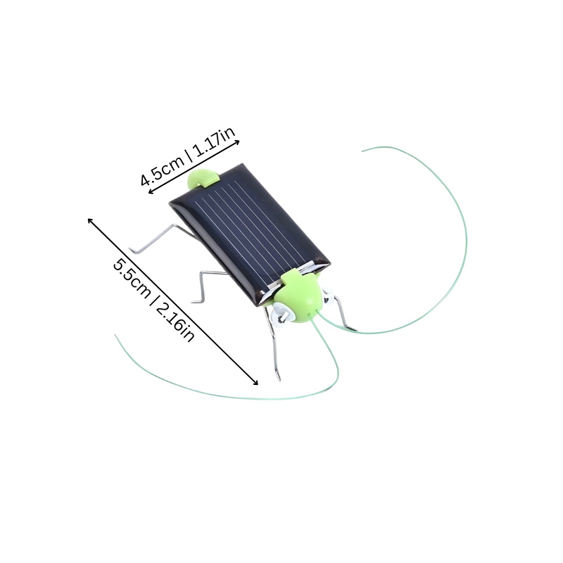 Top-down view of a solar grasshopper toy with dimensional measurement arrows indicating length and width