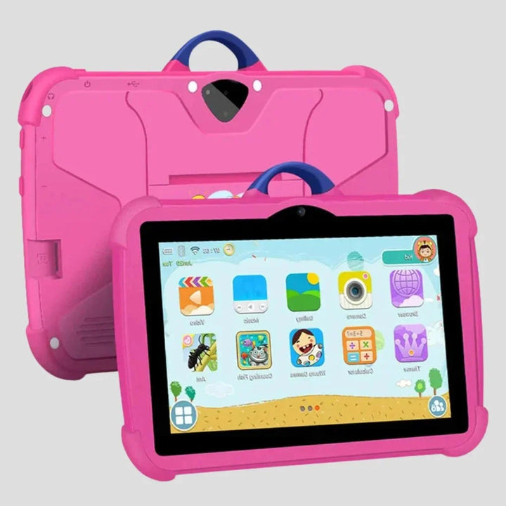 Kids Android tablet in bright pink with protective case and front camera