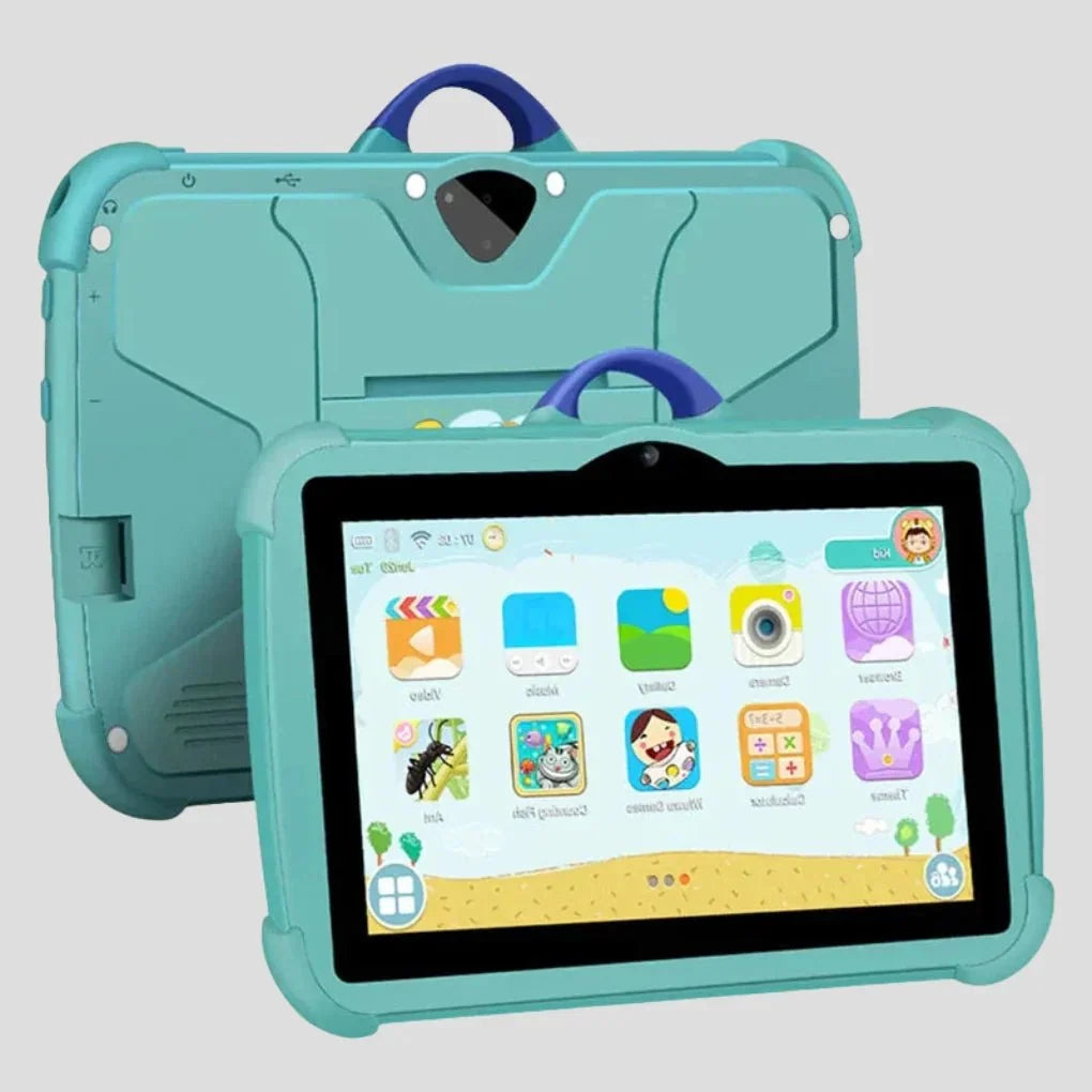 Kids Android tablet in blue with protective handle case showing home screen