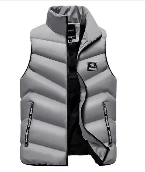 Close up of zipper and fabric details on men's winter puffer vest