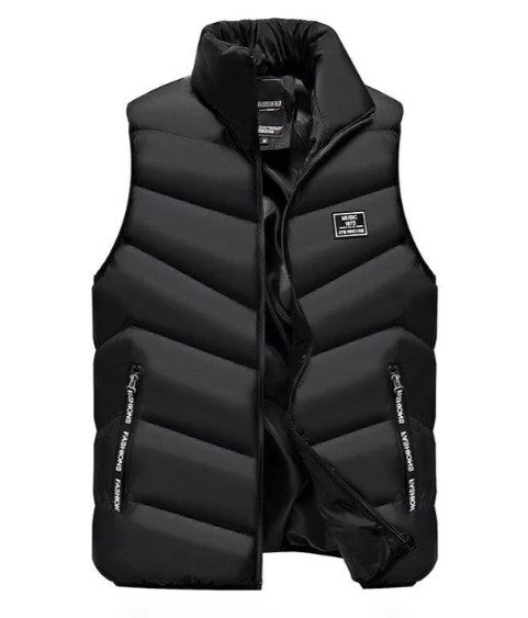 Side profile of men's sleeveless puffer vest showing comfortable fit