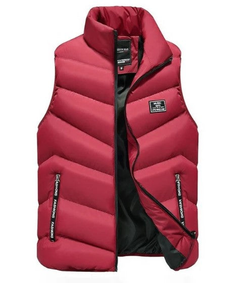 Interior lining and label detail of men's casual puffer vest outerwear