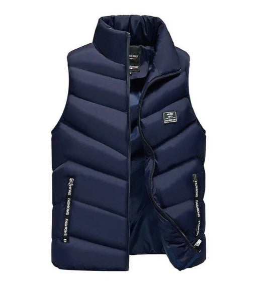 Back view of casual men's zip up outerwear vest for cold weather
