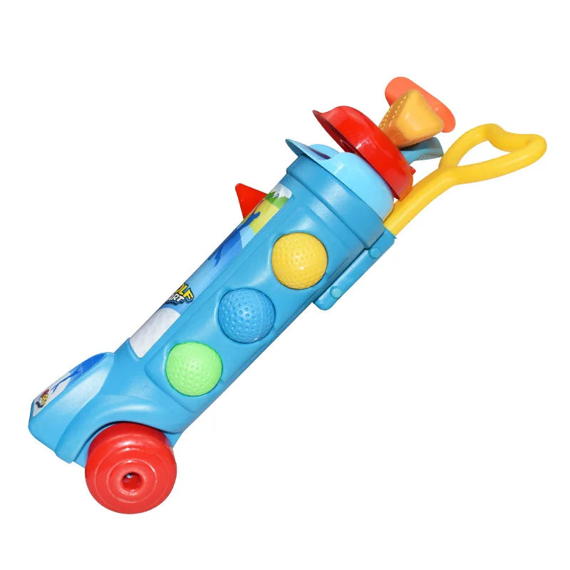 Blue children's golf cart filled with colorful clubs and balls