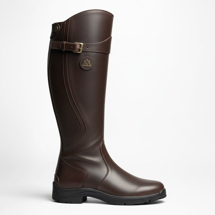 Brown knee-high equestrian riding boot viewed from the side