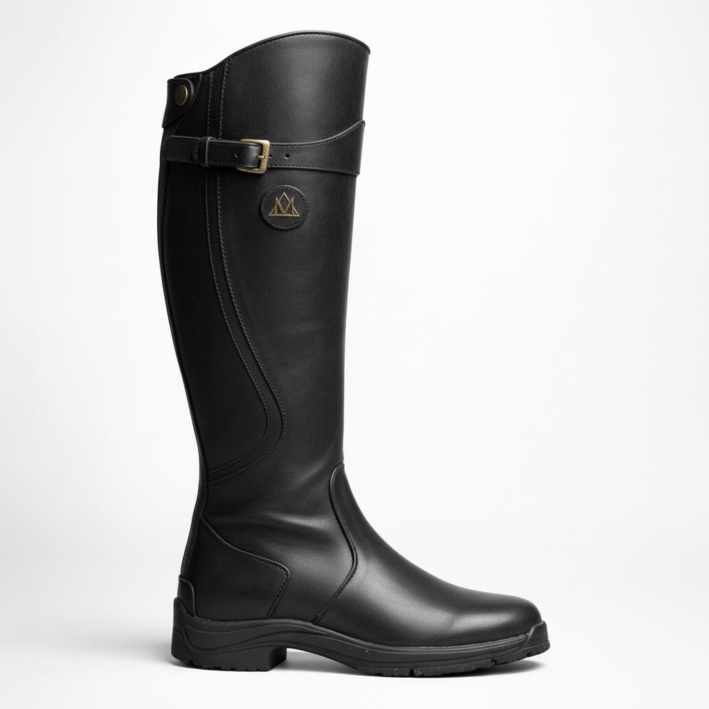 Tall equestrian boots for women highlighting adjustable calf buckle detail