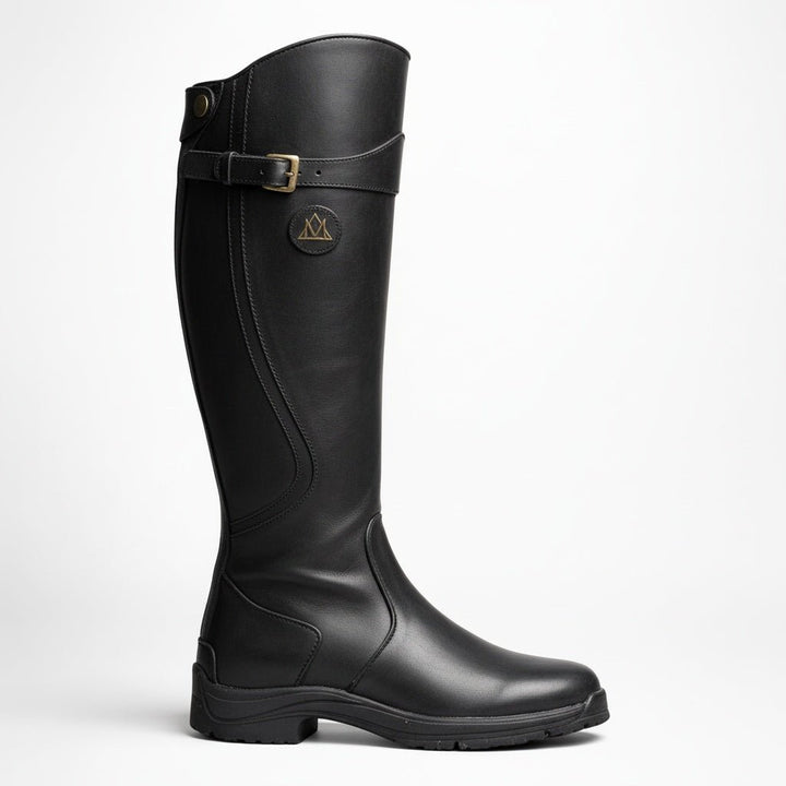 Tall equestrian boots for women highlighting adjustable calf buckle detail