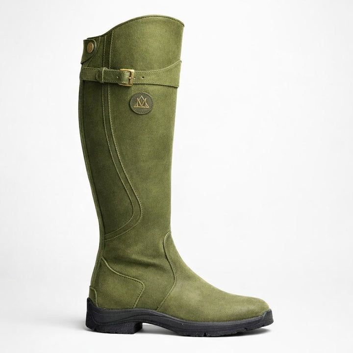 Pair of stylish knee-high boots for women displayed from the front