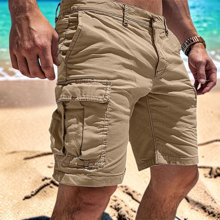 Back view of casual mens utility shorts with button flap pockets
