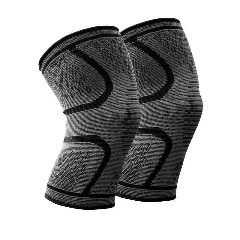 Two grey and black knee brace compression sleeves shown side by side