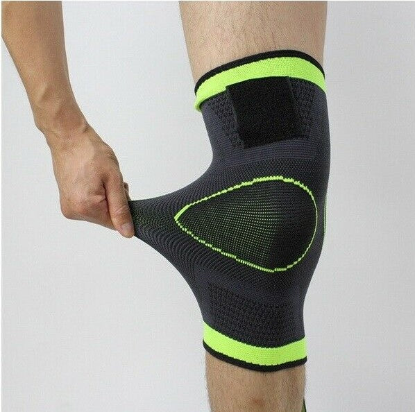 Close-up of flexible breathable fabric on the knee compression sleeve for sports protection.