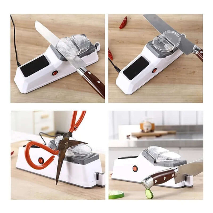 Multi-angle view of the electric sharpener demonstrating knife and scissor usage