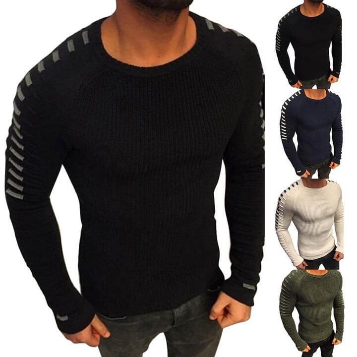 Close-up view of stripe details on men's knitted jumper and textured sleeve