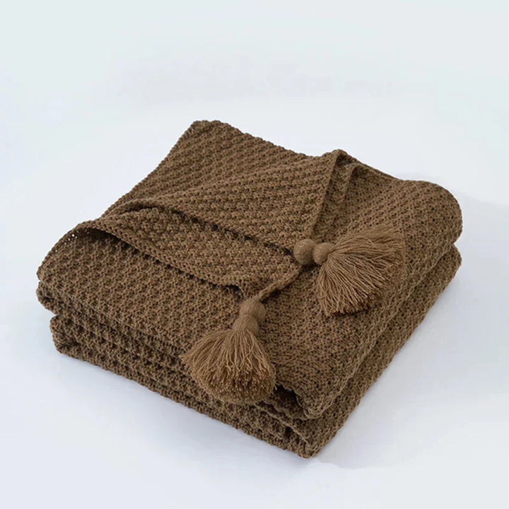 Detailed view of tassels on a cream colored knitted throw