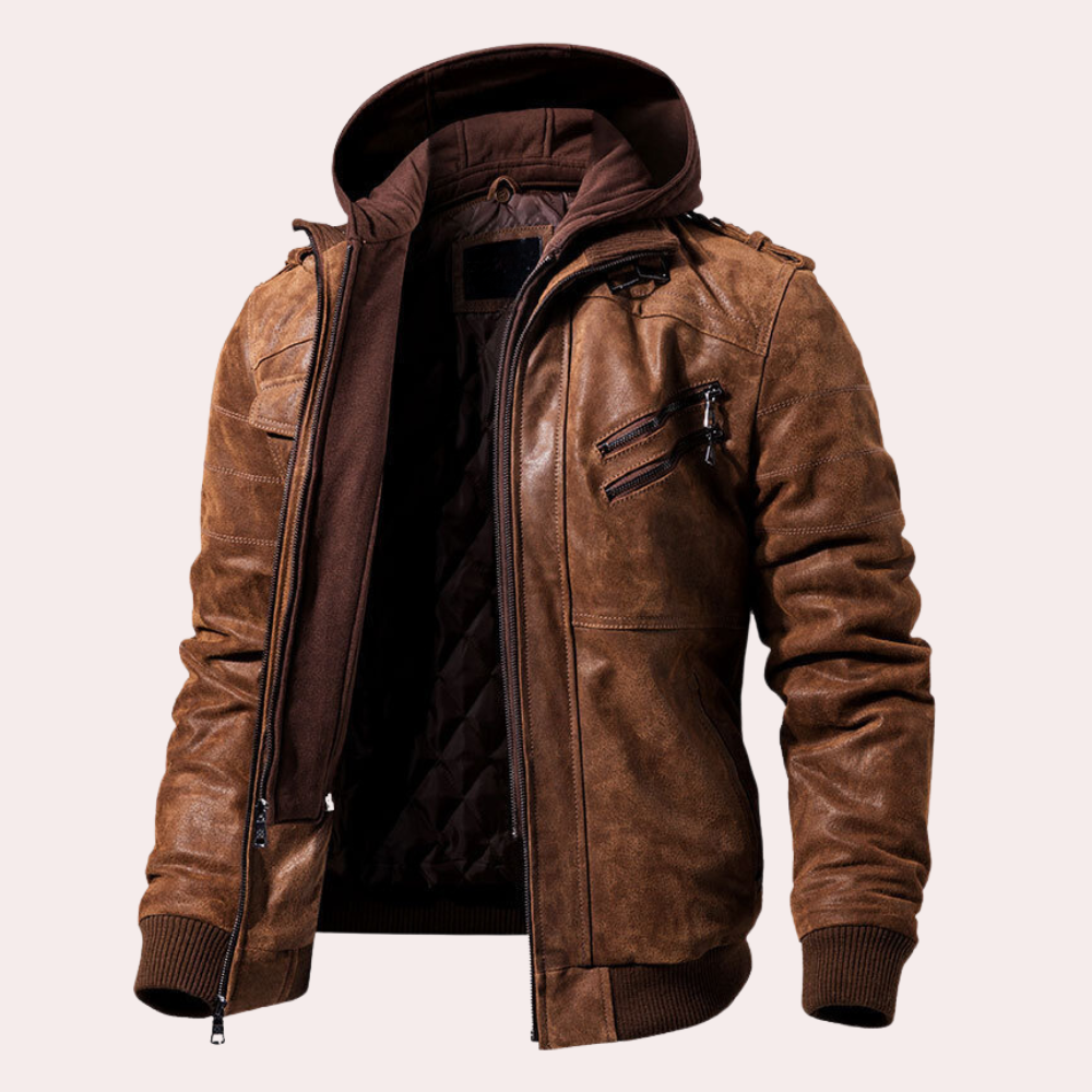 Front view of men's brown hooded moto jacket with quilted lining and zippered chest pockets