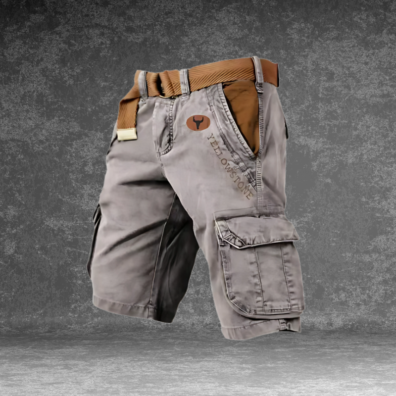 Grey men's casual cargo shorts with belt and pockets