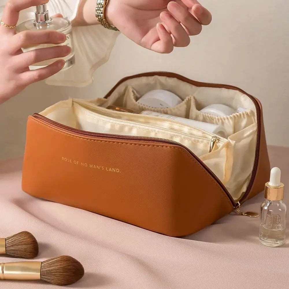 Full view of the zippered travel makeup bag in a lifestyle setting