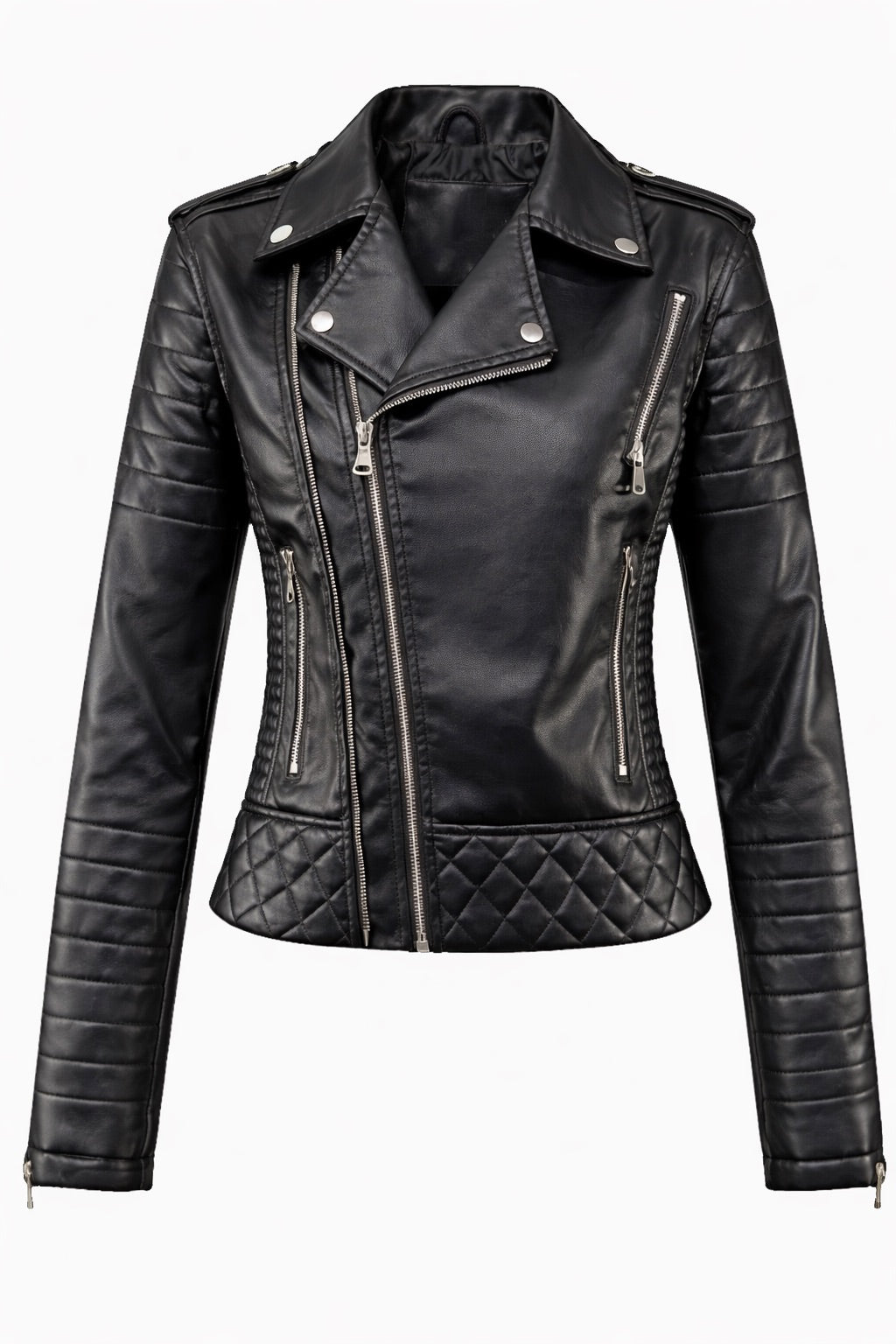 Women's black moto jacket front view displaying zippered details and quilted panels