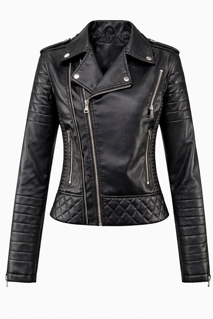 Women's black moto jacket front view displaying zippered details and quilted panels