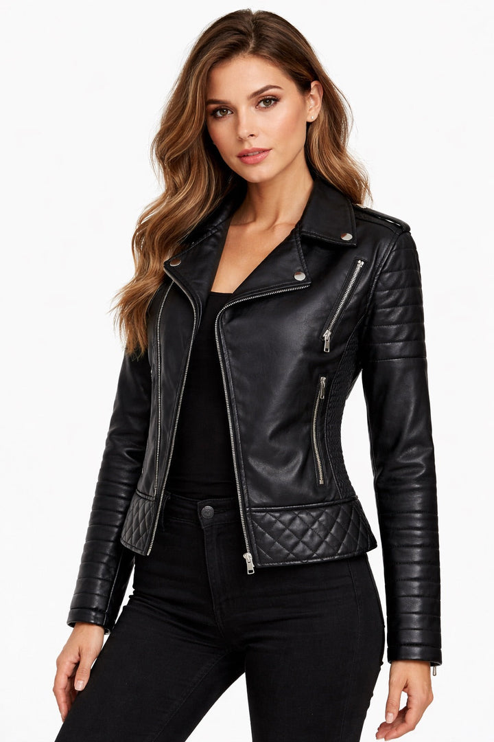 Model wearing the women's black motorcycle jacket with a fitted silhouette