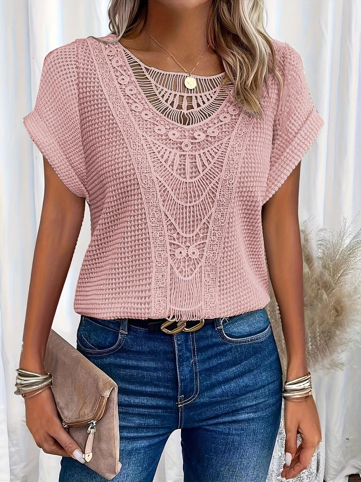 Close up view of crochet lace blouse fabric texture for summer fashion