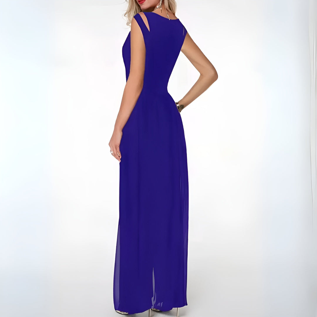 Side profile of women's elegant sleeveless party jumpsuit with flared trousers