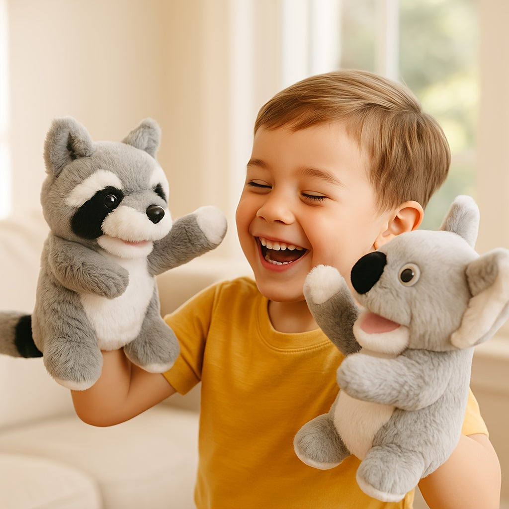 Child smiling while playing with a raccoon and koala plush hand puppet