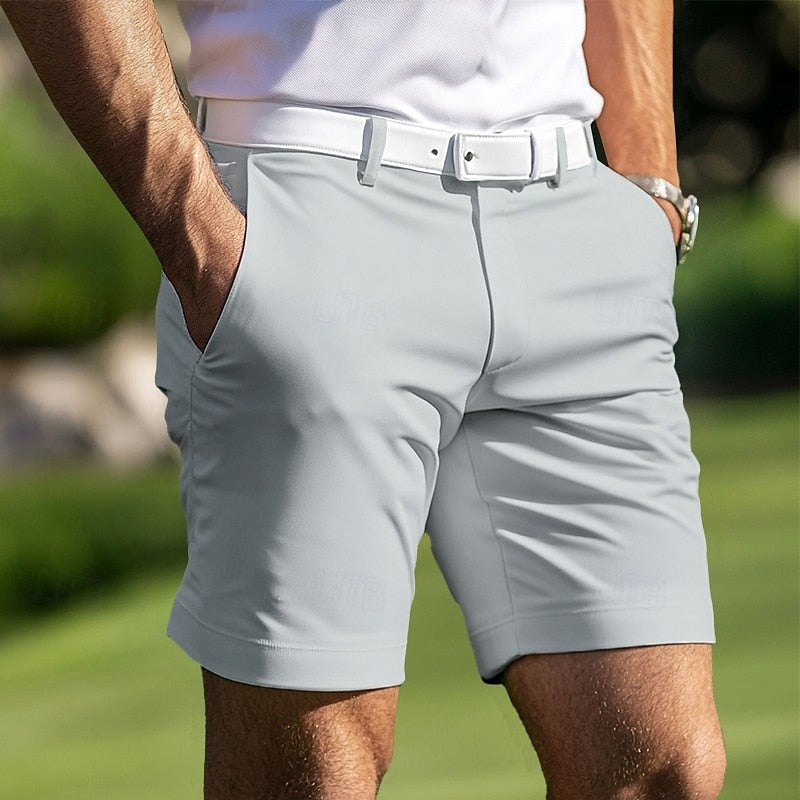 Man wearing gray regular-fit casual shorts with a white belt