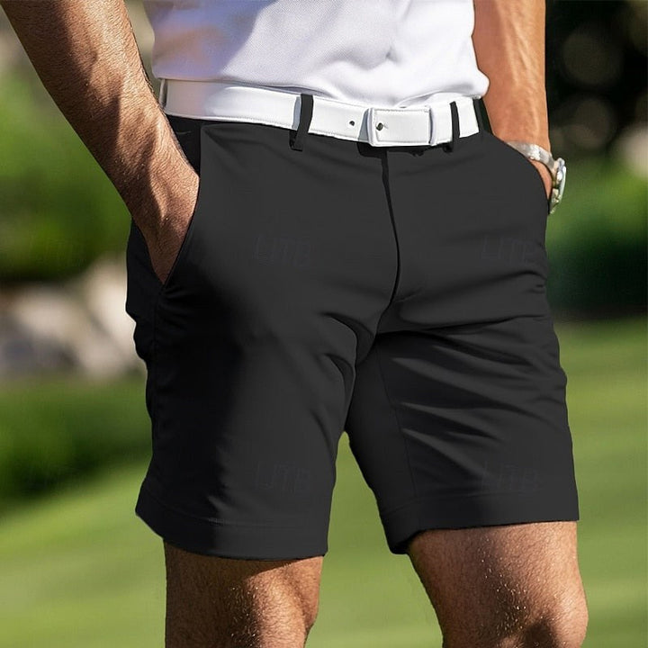 Man wearing black regular-fit casual shorts with a white belt