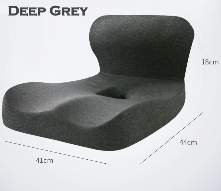 Deep Grey orthopedic memory foam seat cushion showing dimensions of 41cm by 44cm and 18cm height.