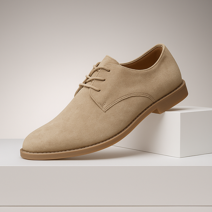 Men's khaki lace-up derby shoe displayed on a white block